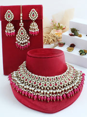 Heena Bib Necklace Set-Ruby Pink
