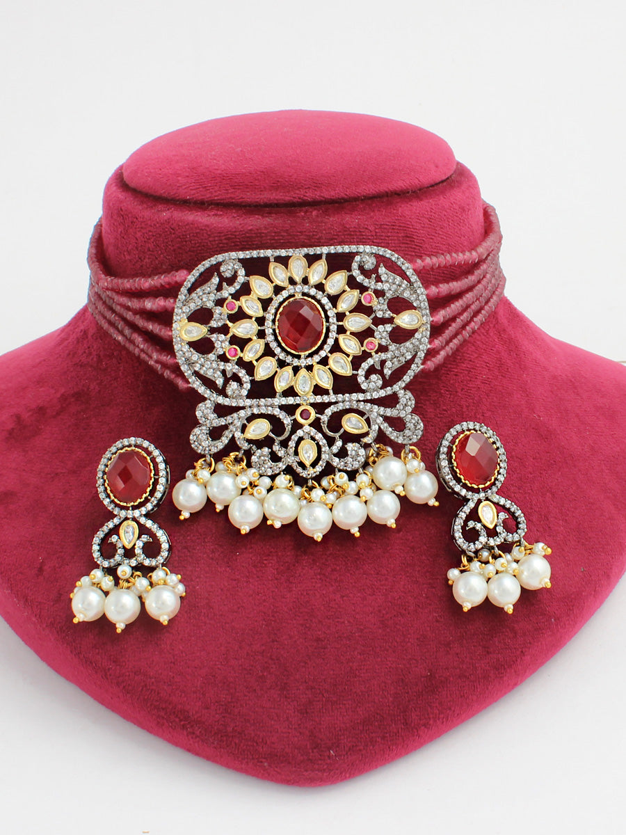 Shifa Choker Necklace Set-Maroon