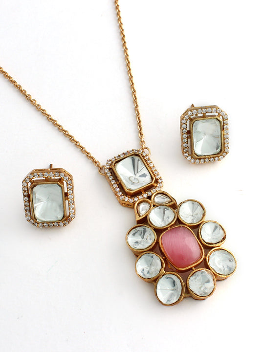 Shruti Pendant Chain Necklace Set-Pastel  Pink