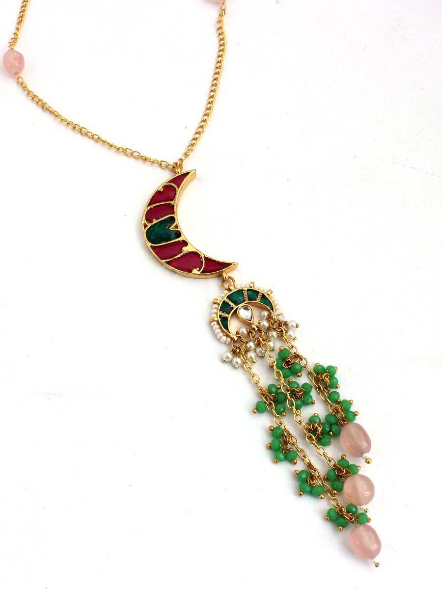 Inakshi long chain Necklace-pink/green