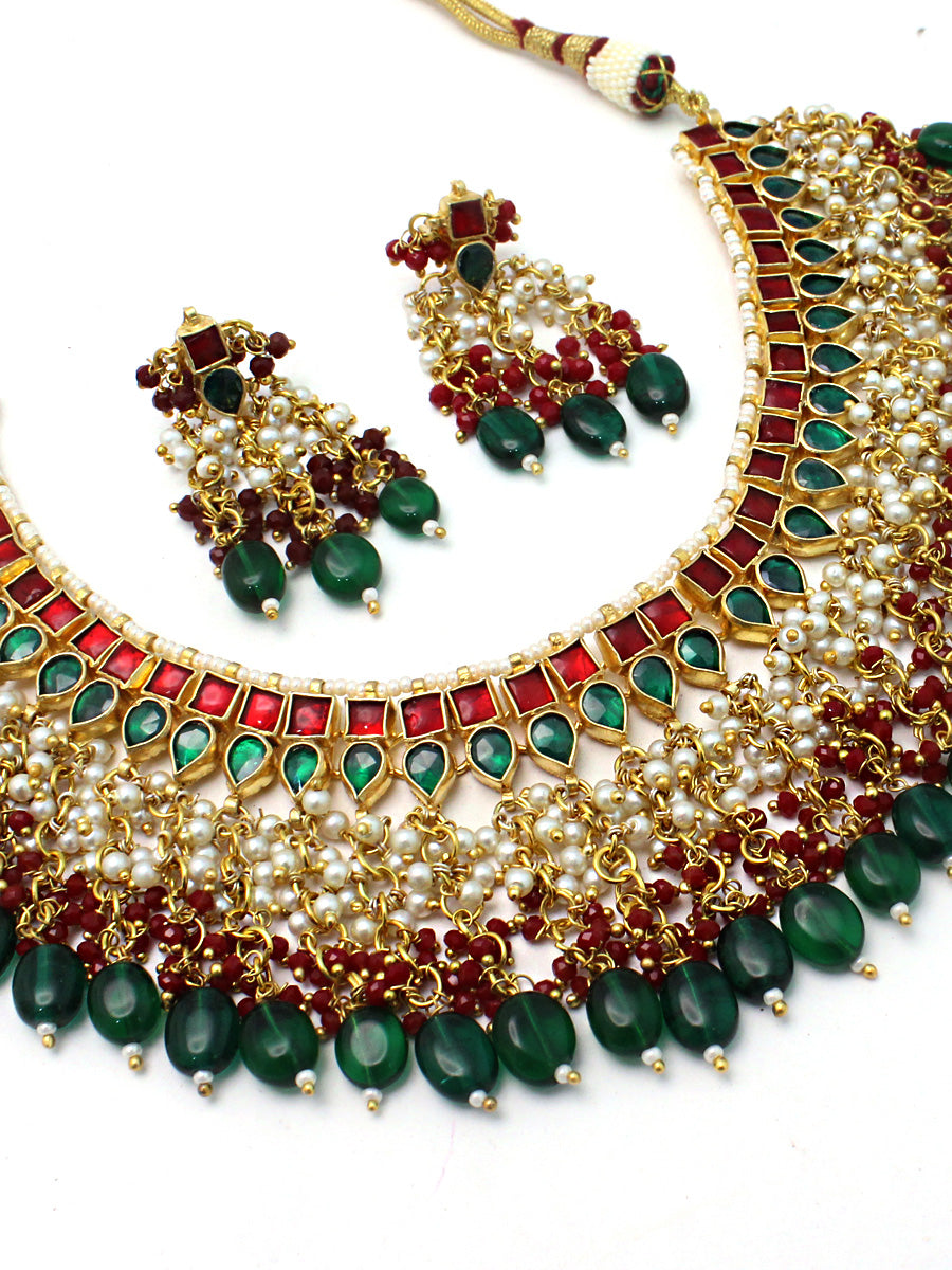 Amaya Bib Necklace Set- Maroon / Green