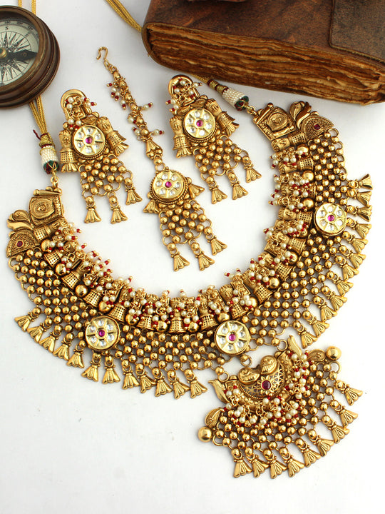 Aadhya Bib Necklace Set-Hot pink