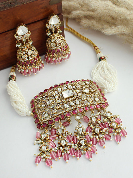 Roshina Choker Necklace Set-Hot Pink