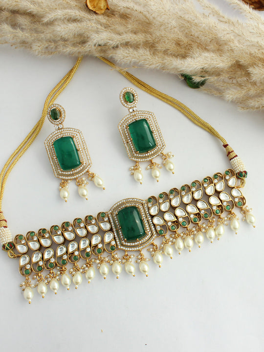 Prakhya Choker Necklace Set-Green