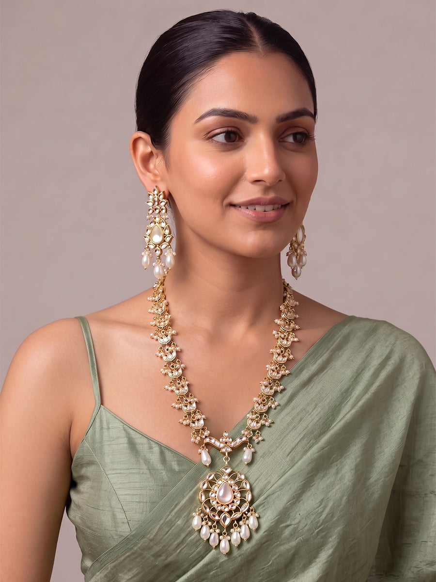 Meerakshi Long Necklace Set-Ivory