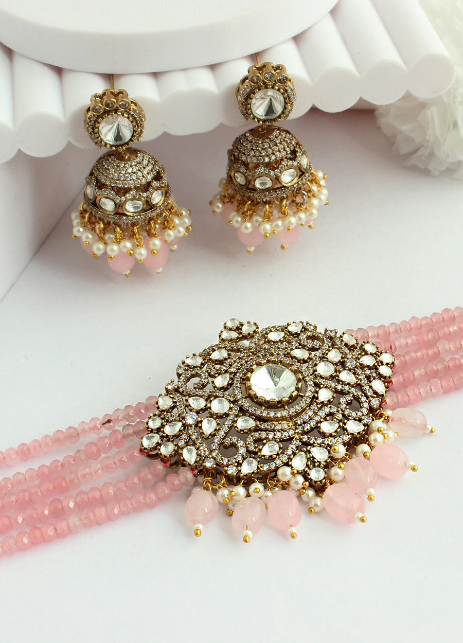 Priyasha Choker Necklace Set-Pastel Pink
