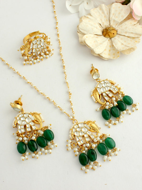 Elephant Pendant Necklace Set with Ring-Green