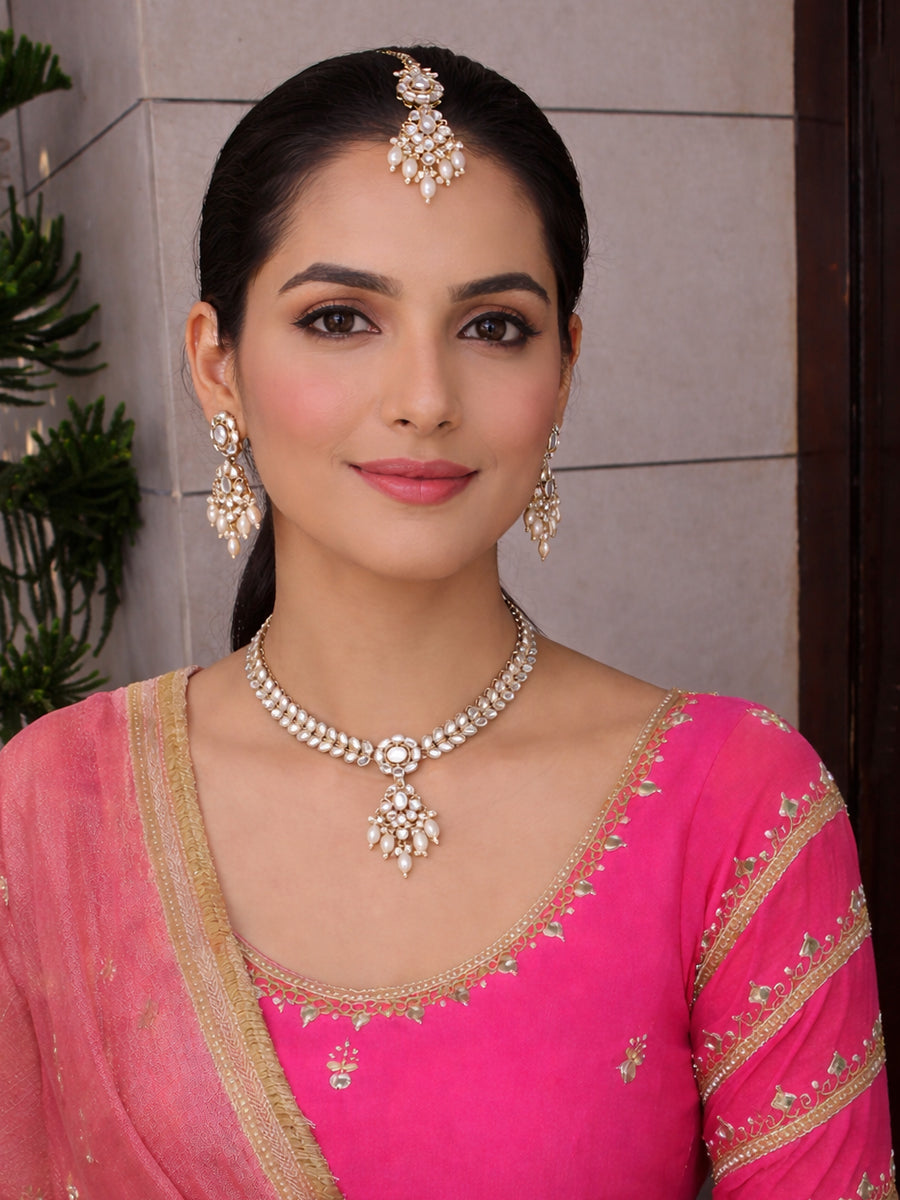 Kanak Mirror Necklace Set-Gold