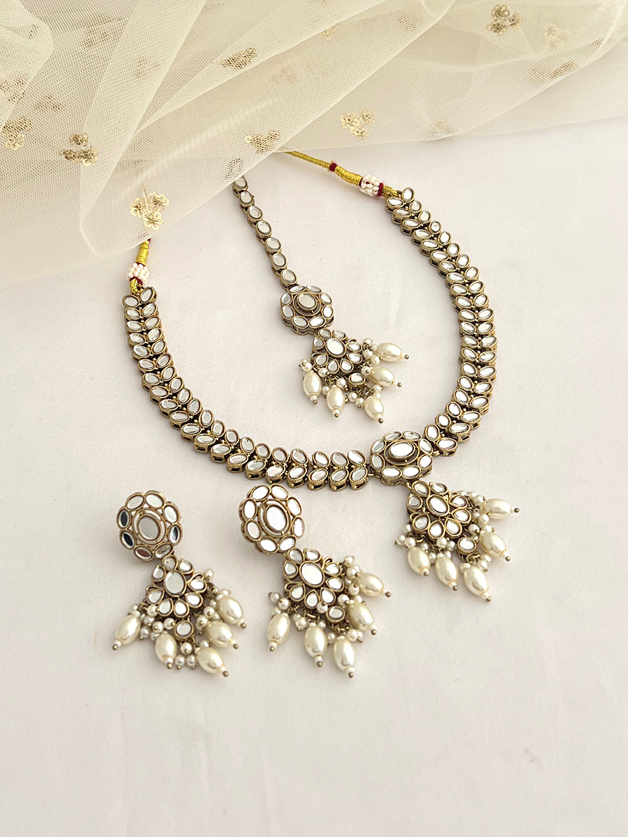 Kanak Mirror Necklace Set-Gold