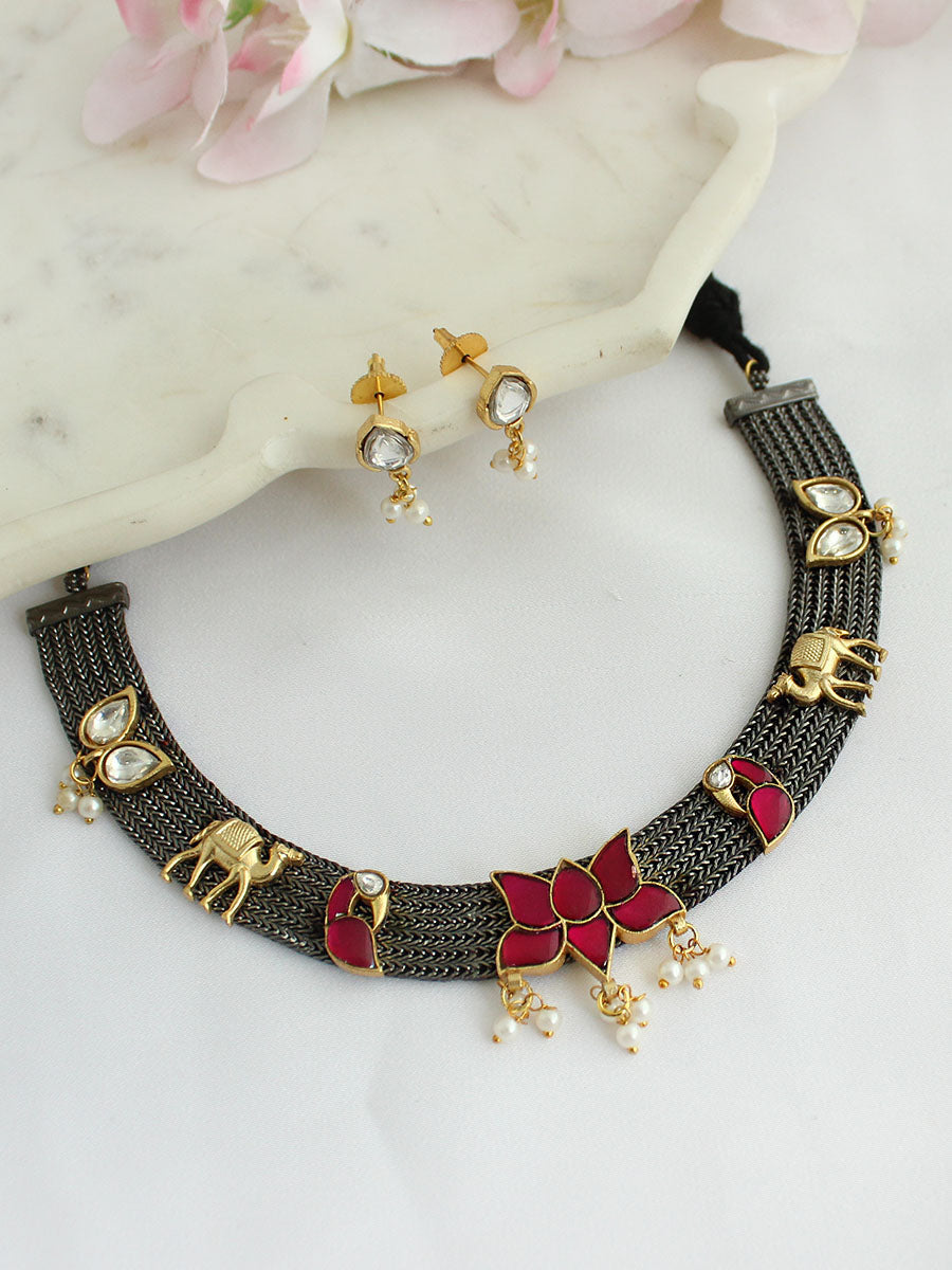 Varnika Necklace Set-Hot Pink