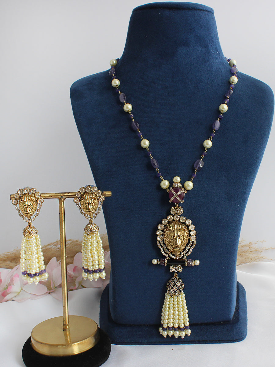 Dianna Lion Pendant Long Necklace Set-purple