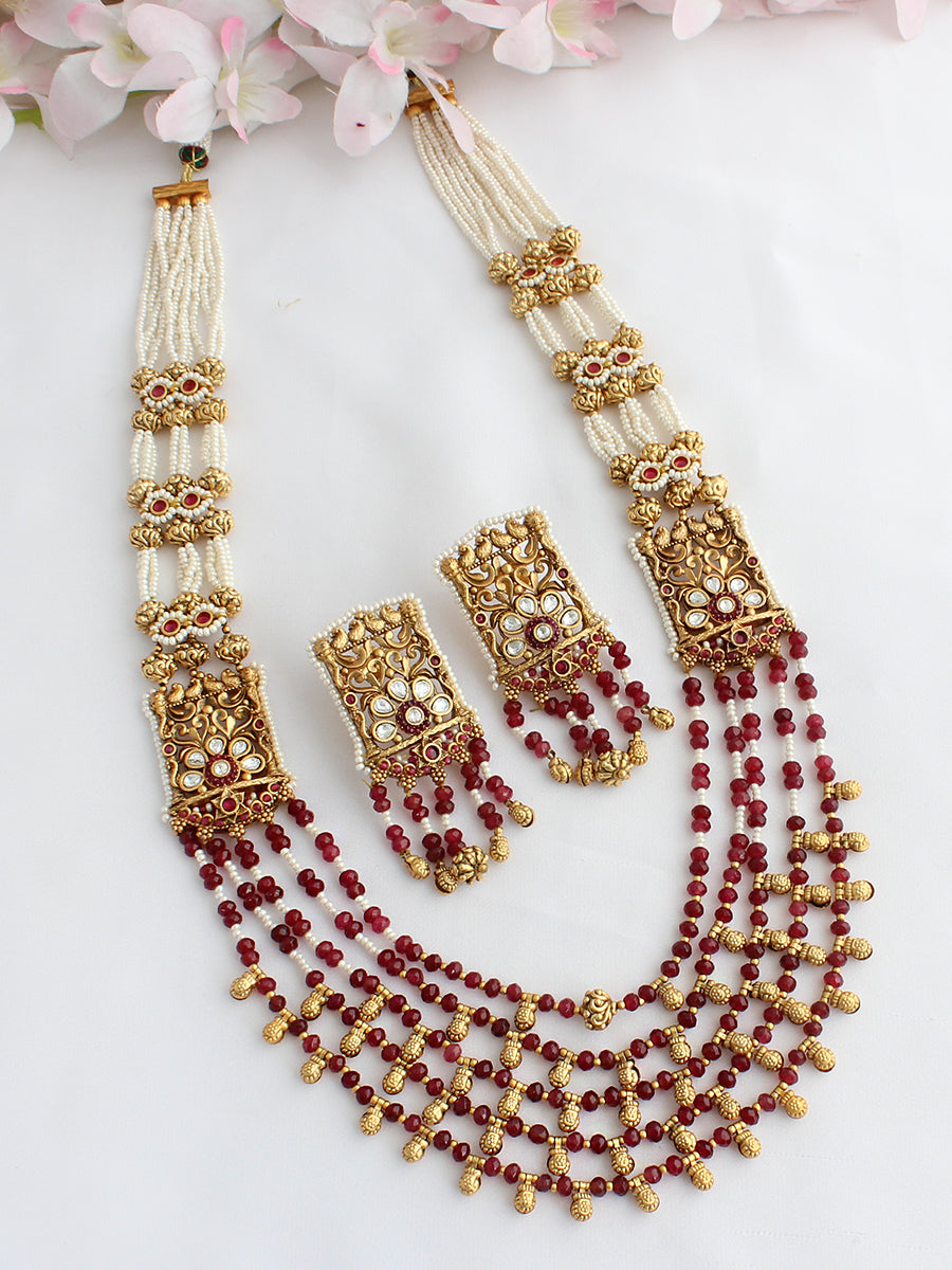 Malini Long Necklace Set-Maroon