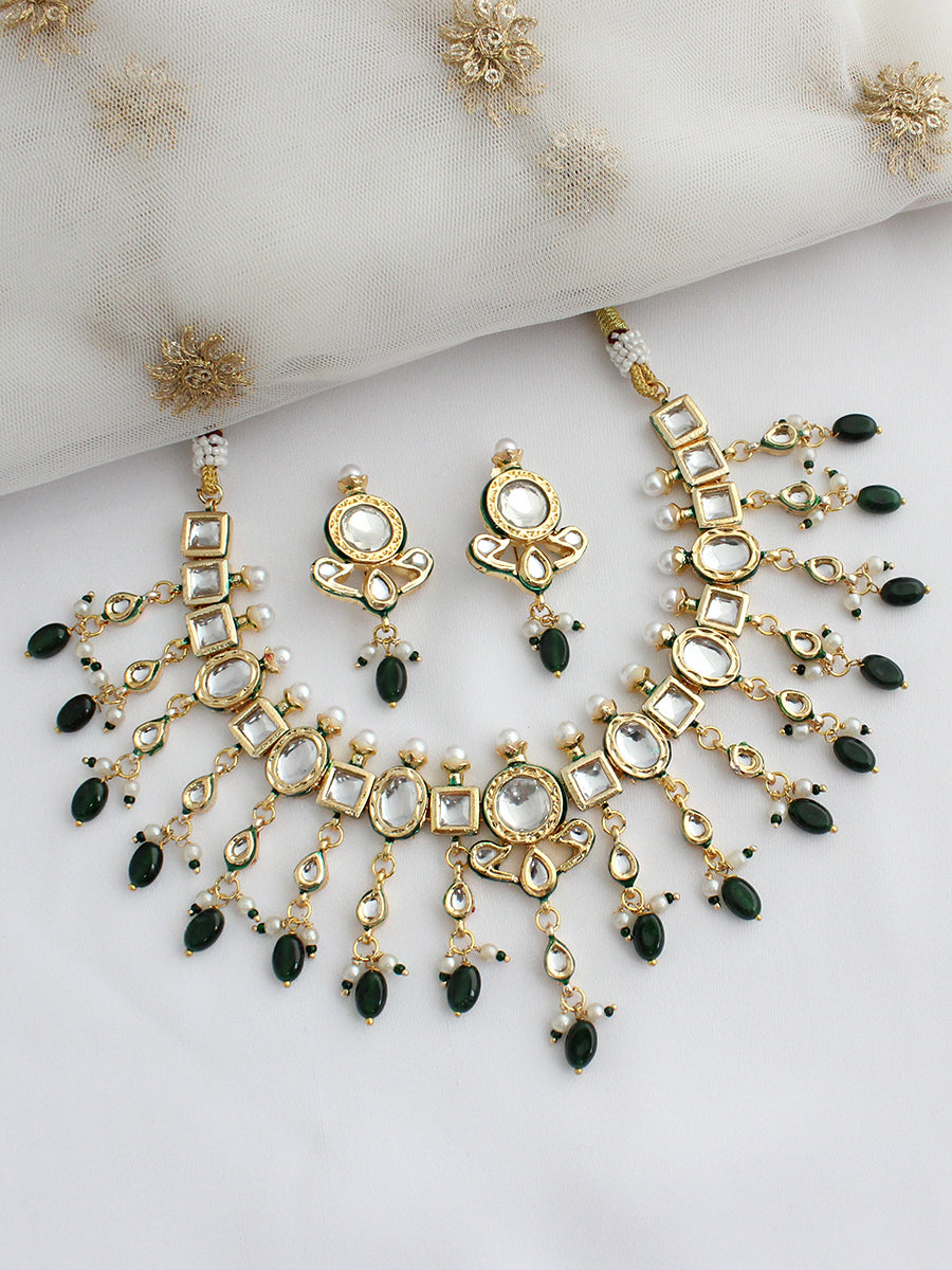 Vidhi Choker Necklace Set-Green
