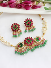 Mrinali Choker Necklace Set-Pink / Green
