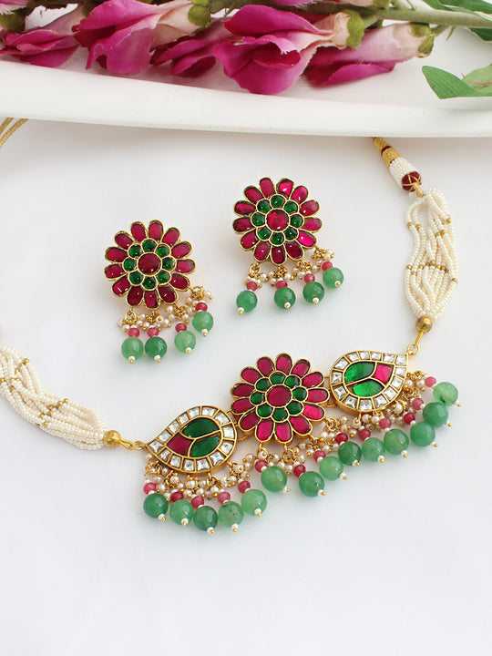 Mrinali Choker Necklace Set-Pink / Green
