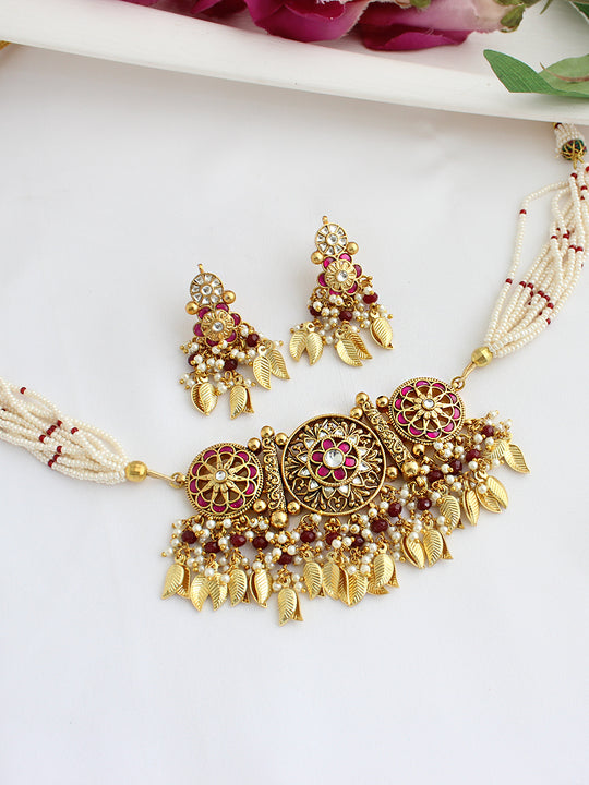 Aabha Choker Necklace Set-Pink