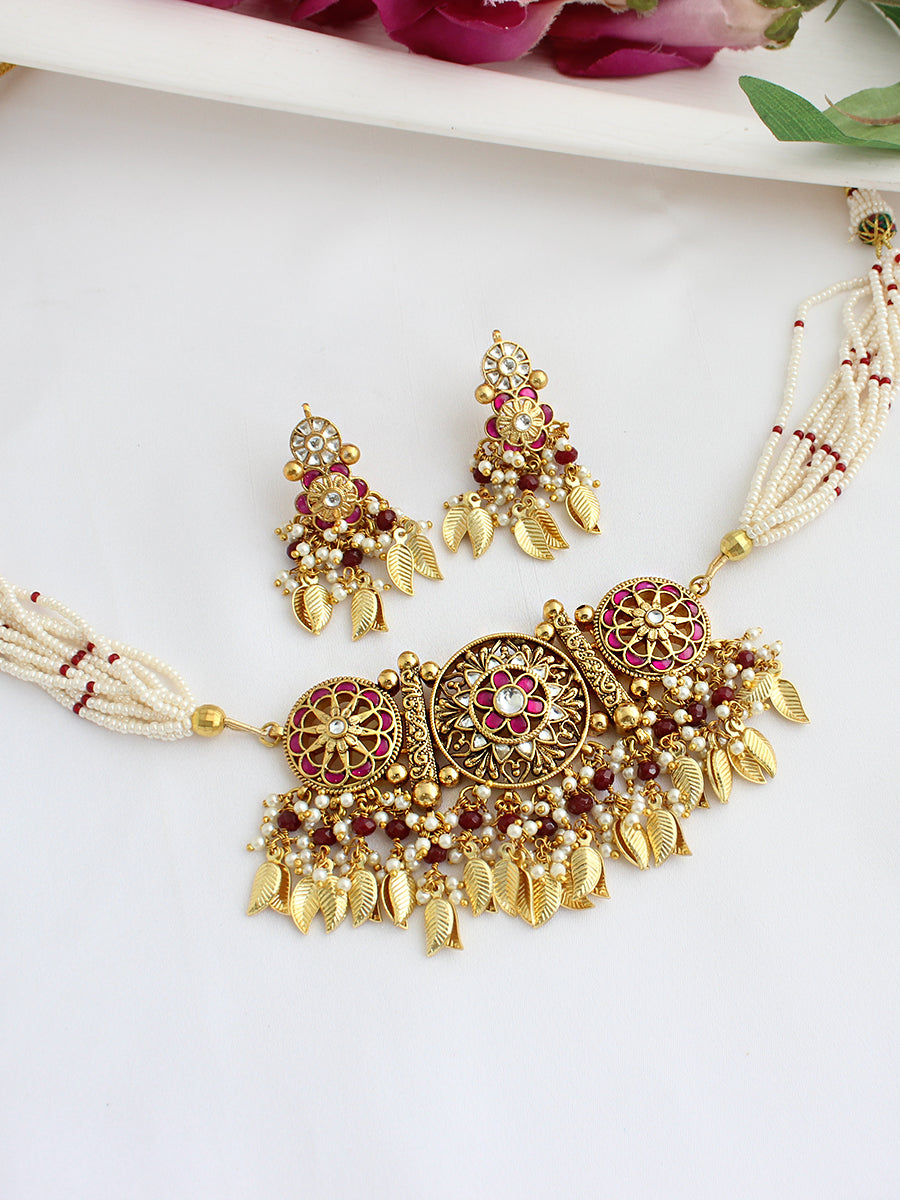 Aabha Choker Necklace Set-Pink
