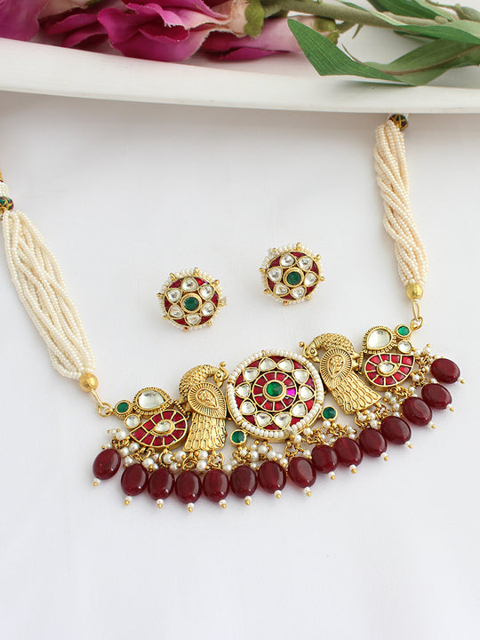 Somika Choker Necklace Set-Pink / Green