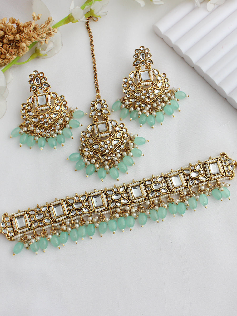 Aneeza Choker Necklace Set-Mint Green
