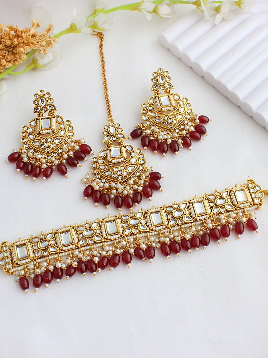 Aneeza Choker Necklace Set-Maroon