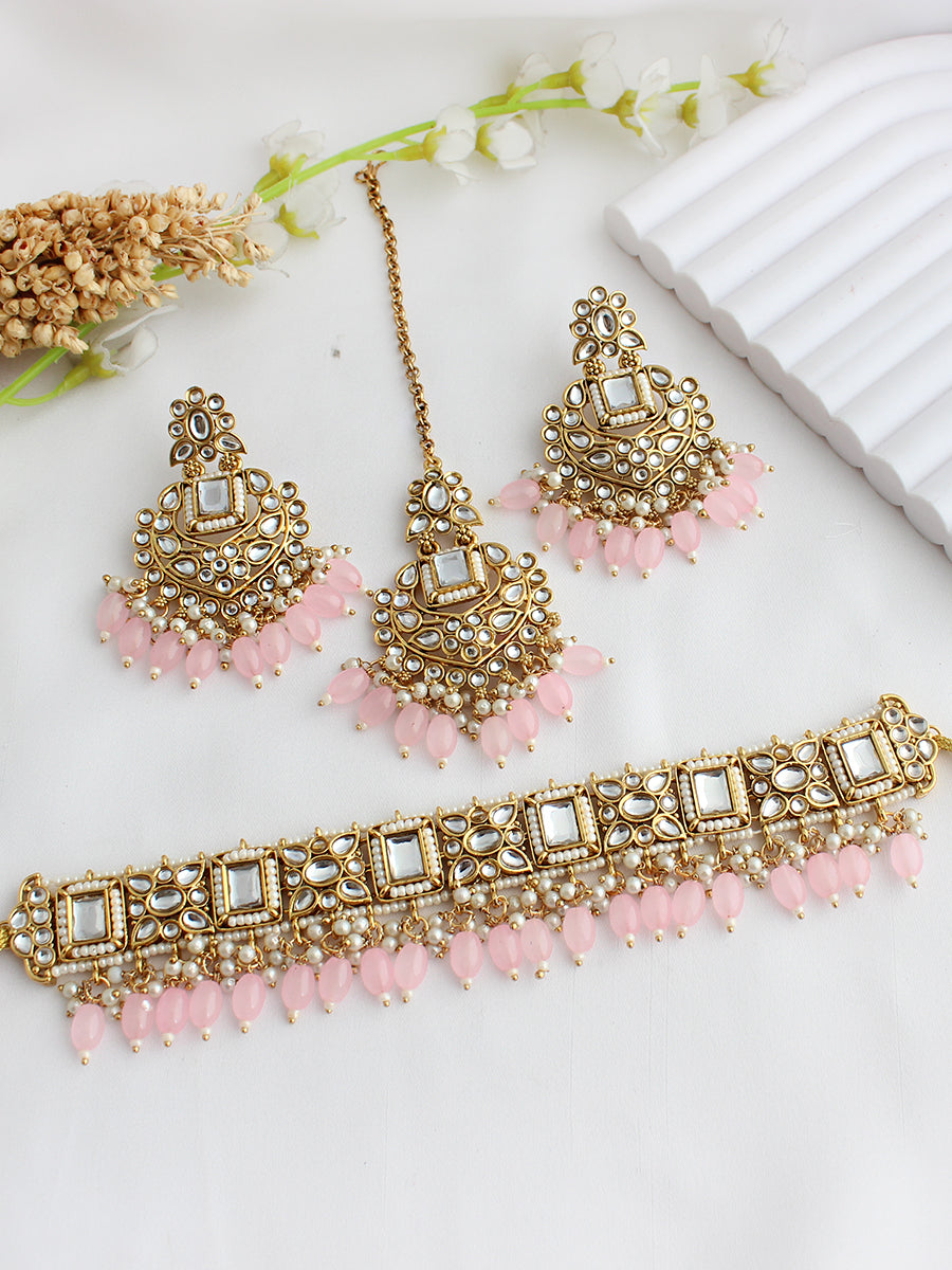 Aneeza Choker Necklace Set-Pastel Pink