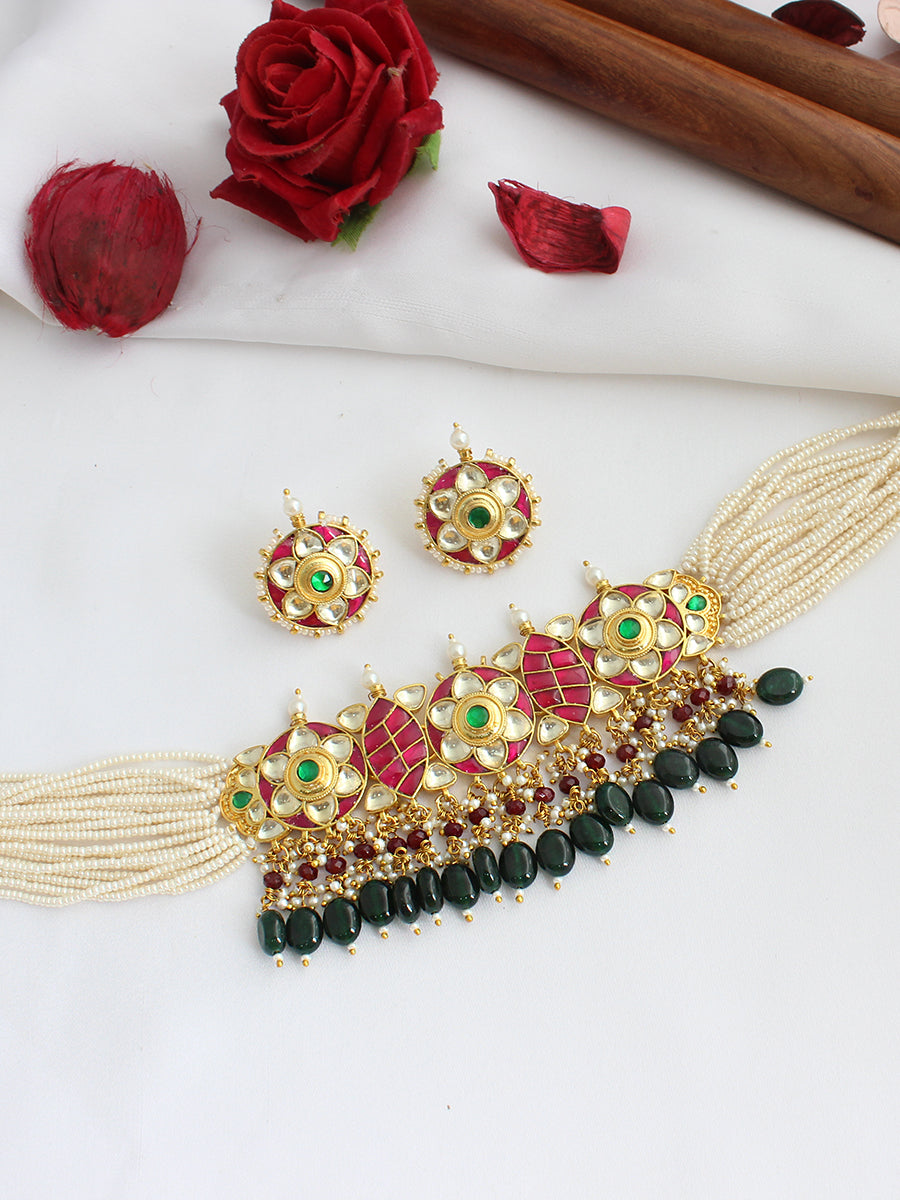 Maitri Choker Necklace Set-Pink & Green