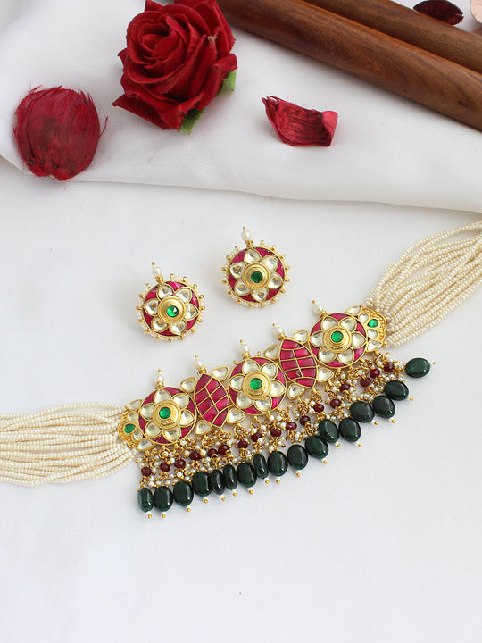 Maitri Choker Necklace Set-Pink & Green
