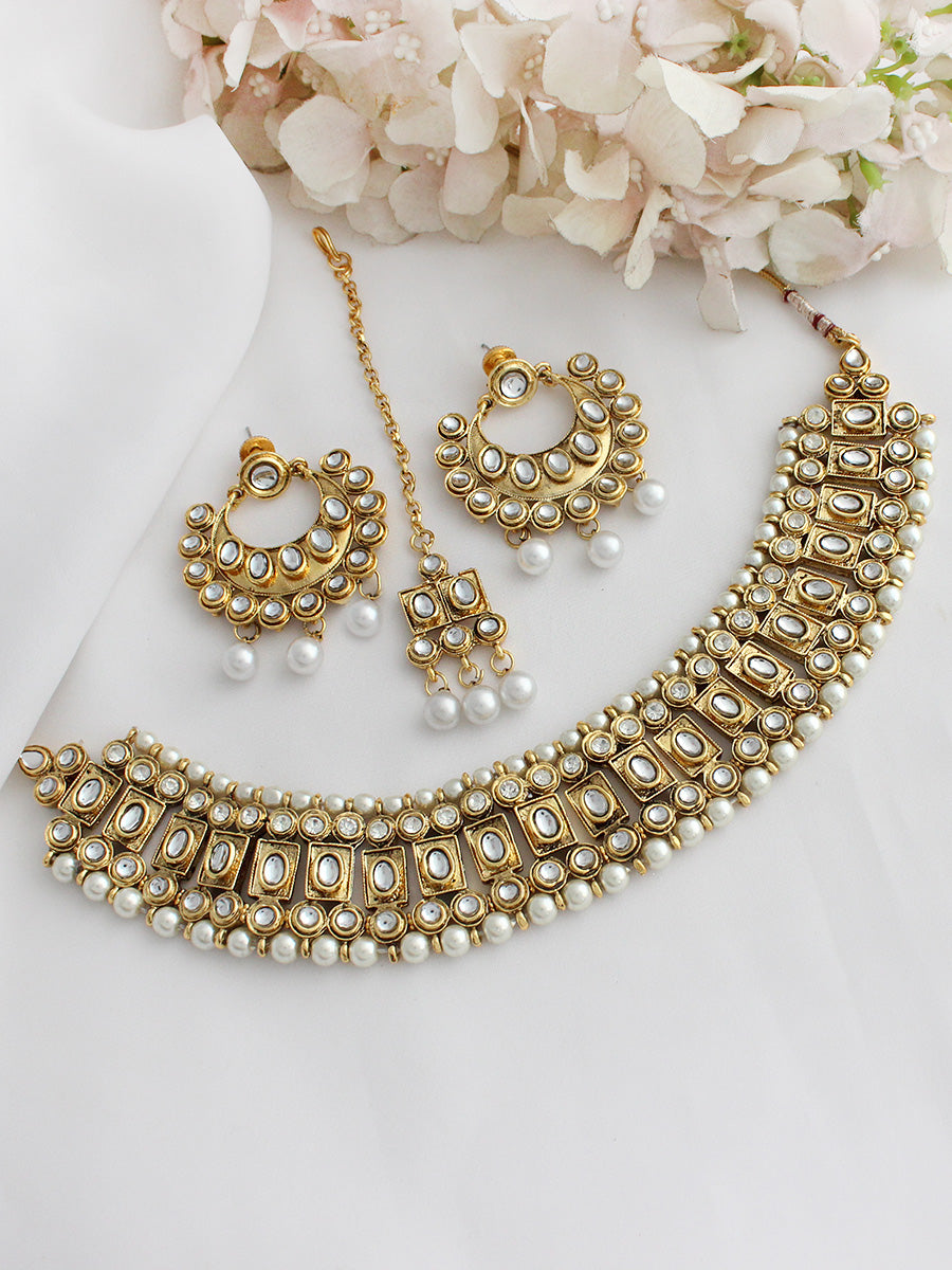Jigyasa Bib Necklace Set-White