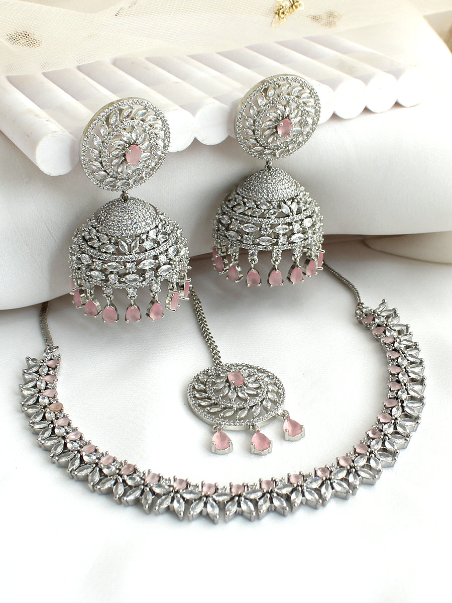 Rashi Necklace Set-Silver/Pastel Pink