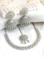 Rashi Necklace Set-Silver/ Mint Green