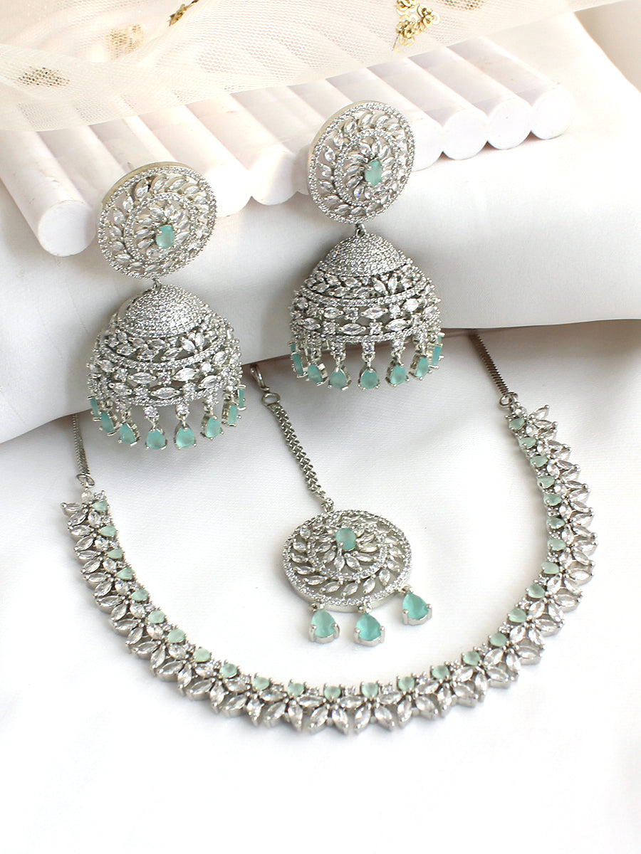 Rashi Necklace Set-Silver/ Mint Green
