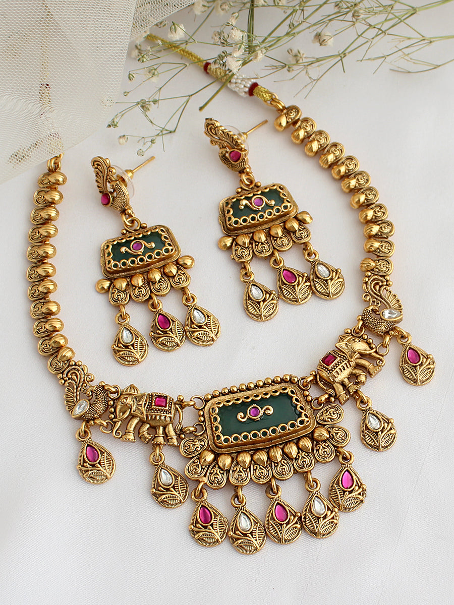 Urjita Bib Necklace Set-Mint Green