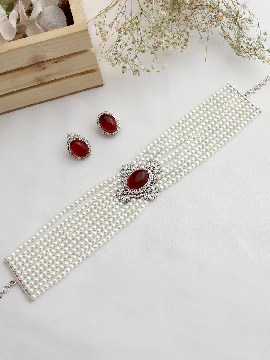 Alina Choker Necklace Set-Maroon