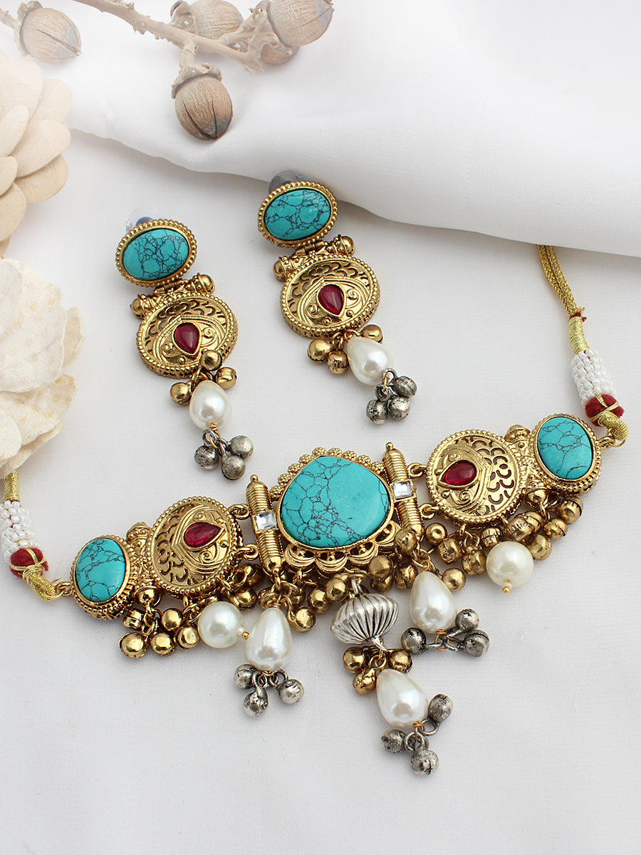 Nirvriti Choker Necklace Set-Turquoise