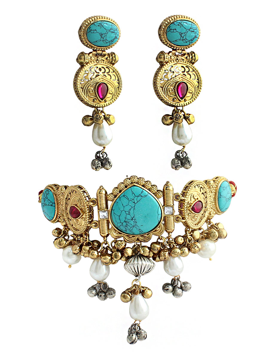 Nirvriti Choker Necklace Set-Turquoise