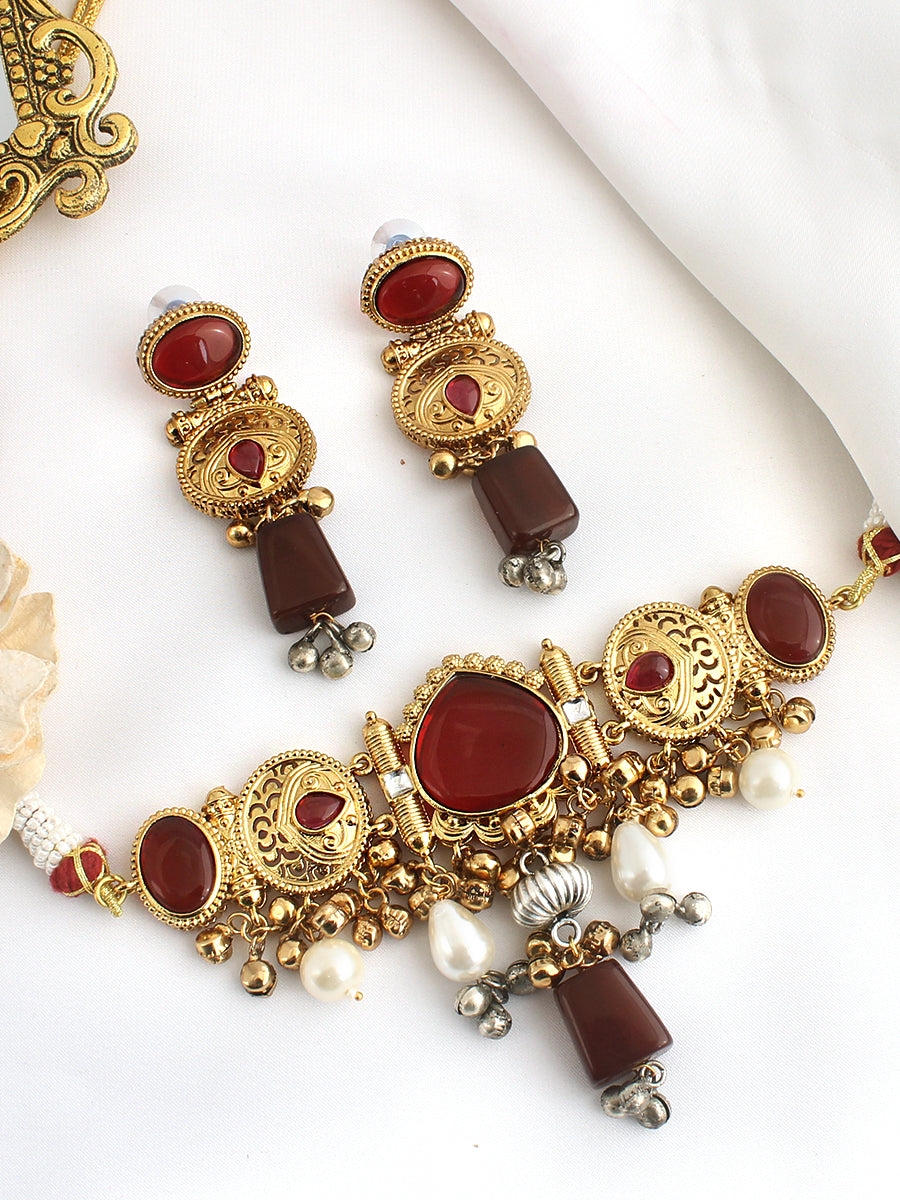 Maya Choker Necklace Set-Maroon