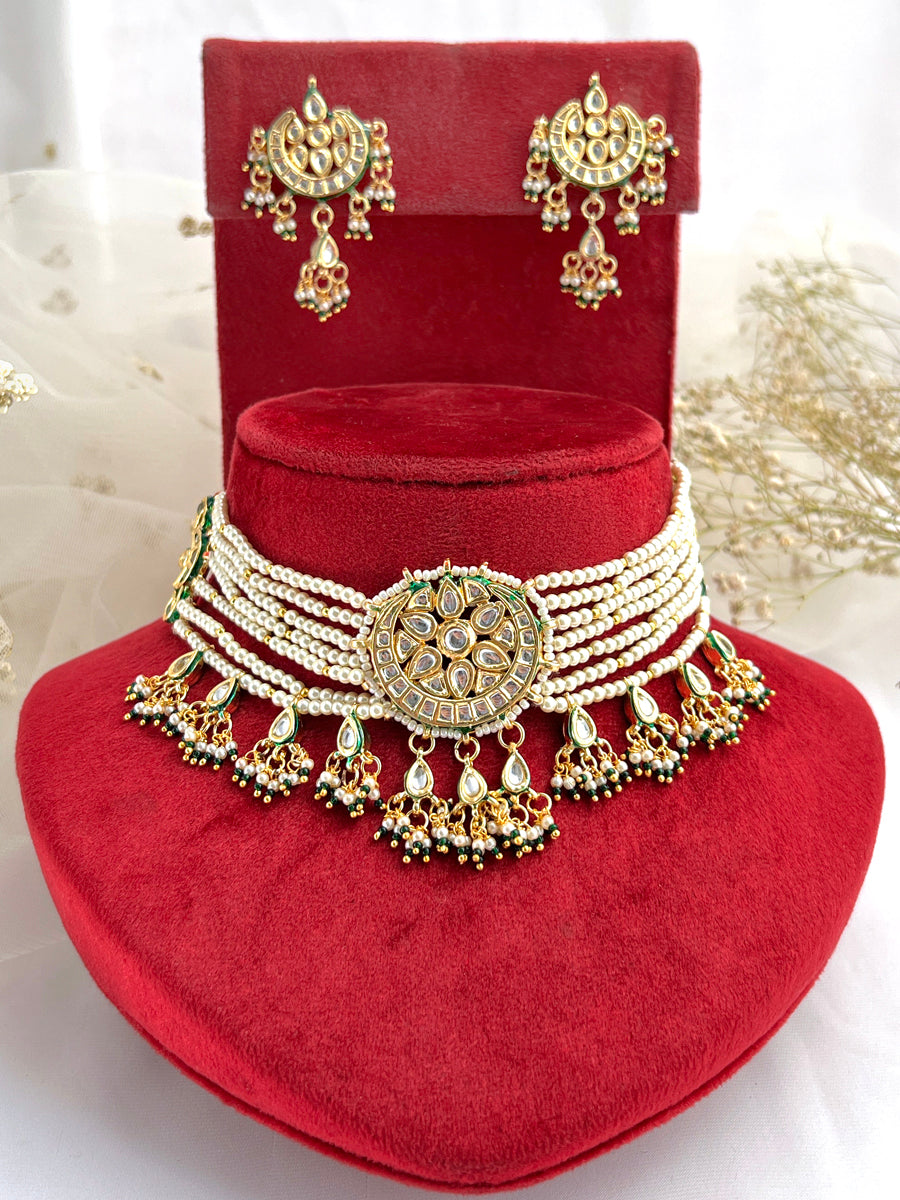 Nihira Choker Necklace Set=Gold