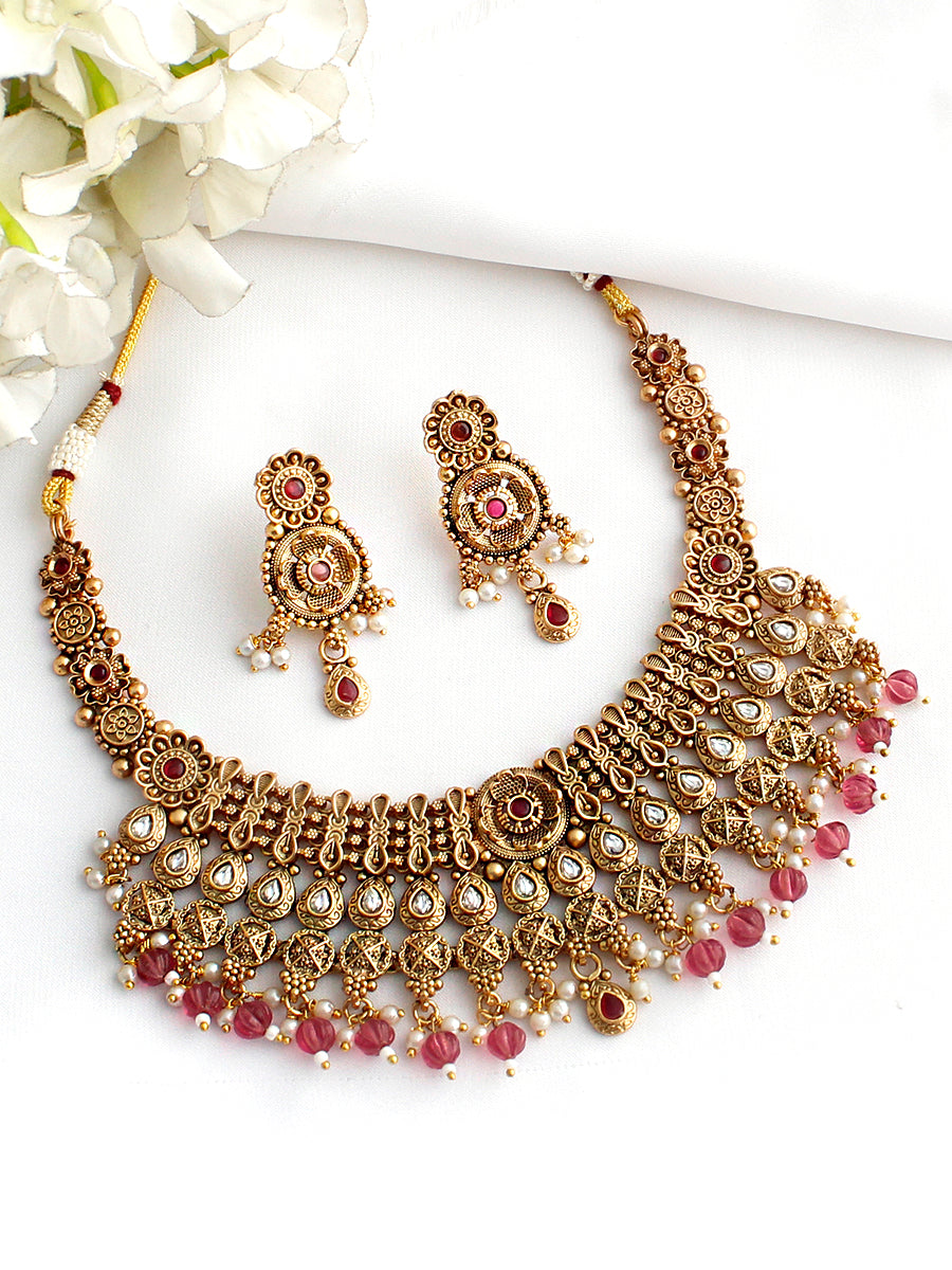 Aarna Bib Necklace Set-Hot Pink