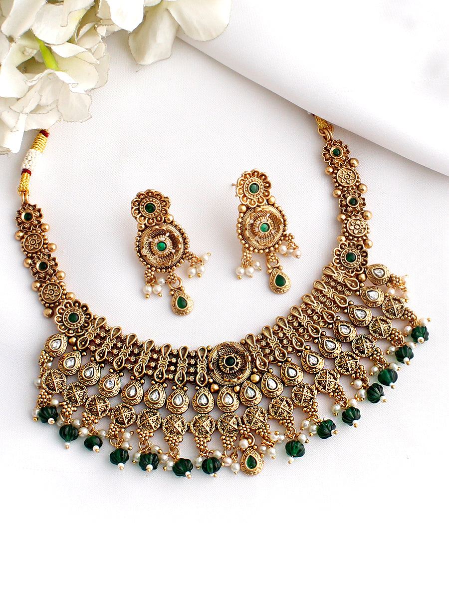 Aarna Bib Necklace Set-Green