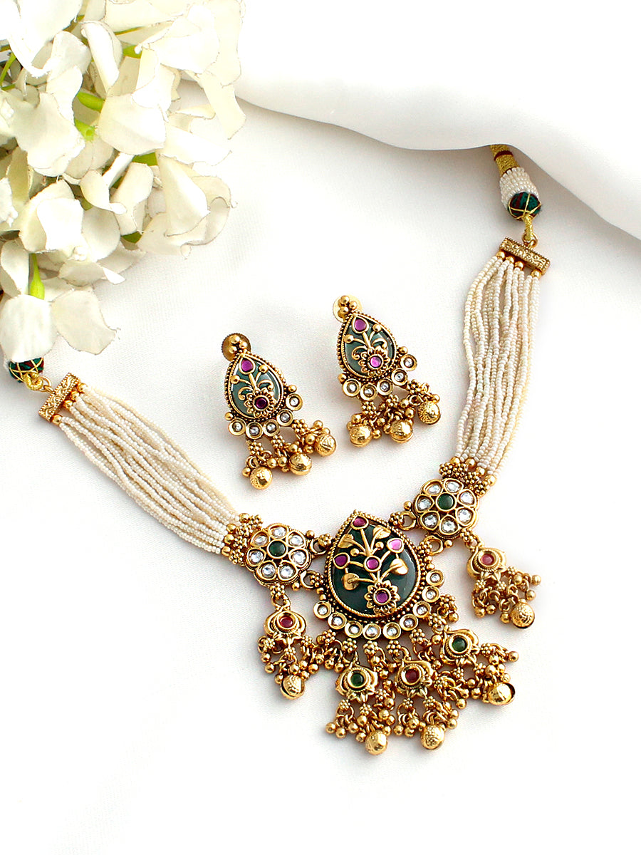Saanjh Bib Necklace Set-Mint Green