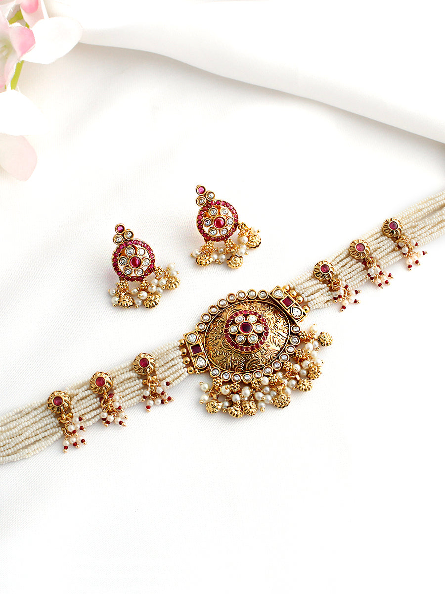 Arnika Choker Necklace Set-Hot Pink