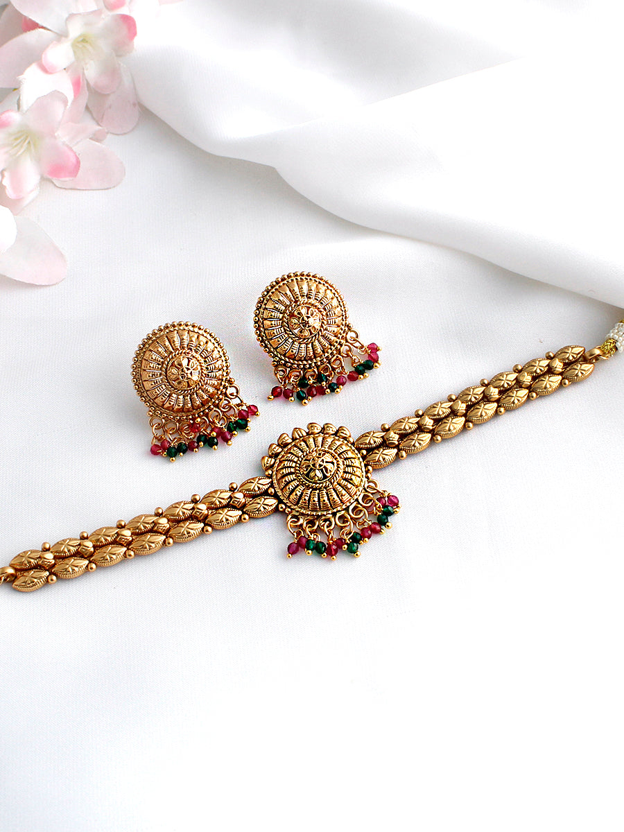 Swarna Choker Necklace Set-Pink / Green