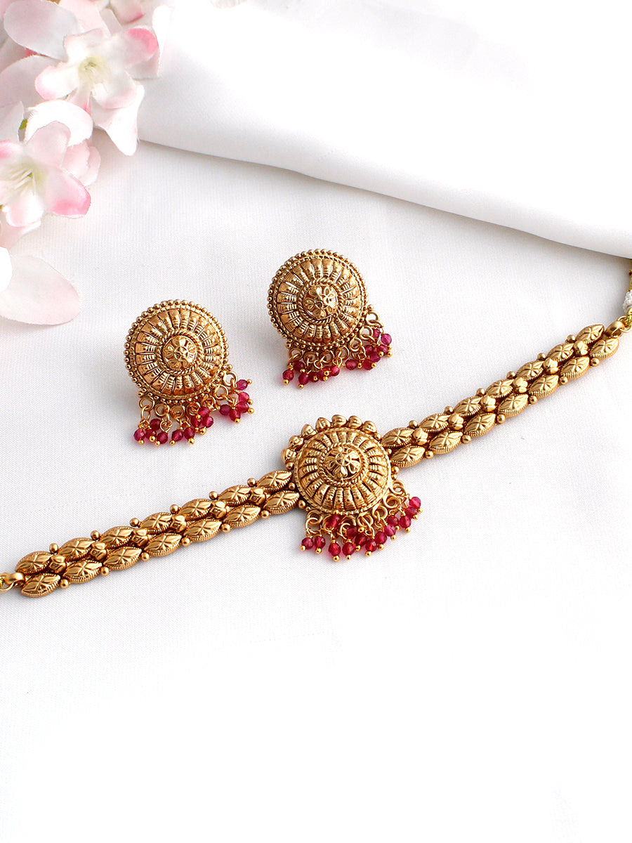 Swarna Choker Necklace Set-Hot Pink