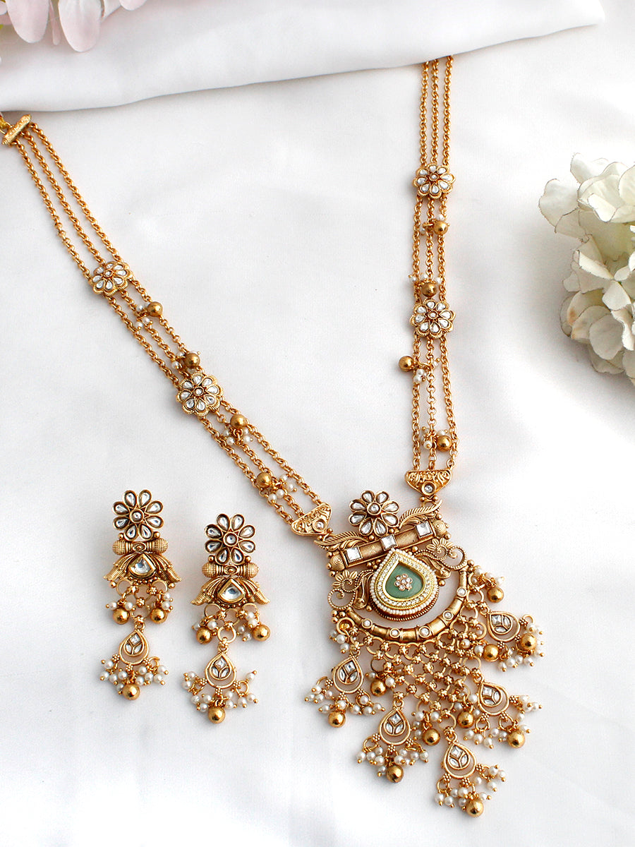 Prakshi Long Necklace Set-Mint Green