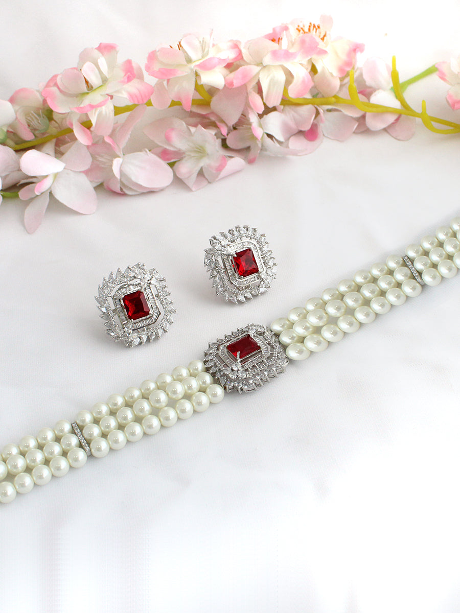 Aliza Choker Necklace Set-Maroon