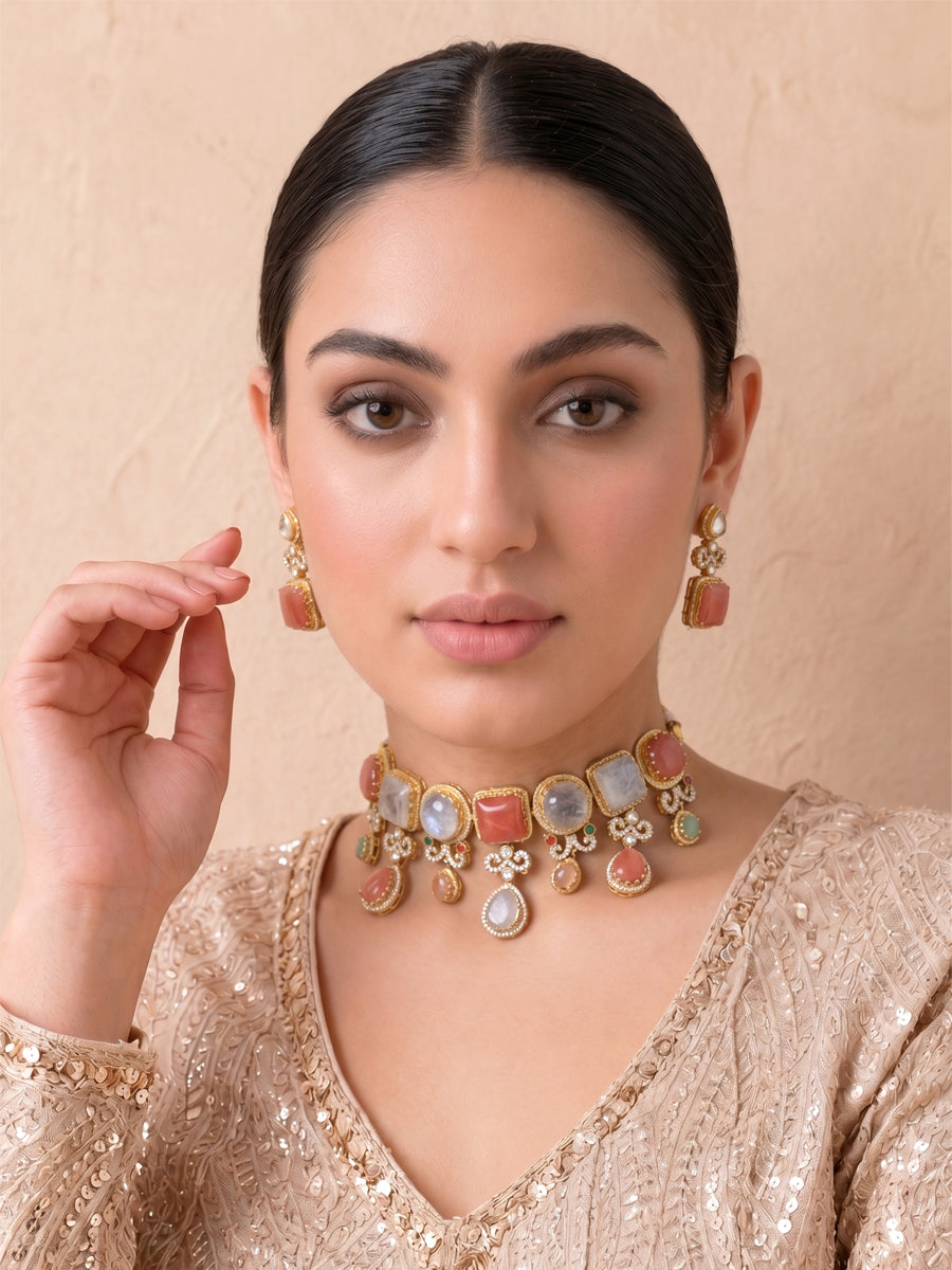 Rhea Choker Necklace Set-Pink