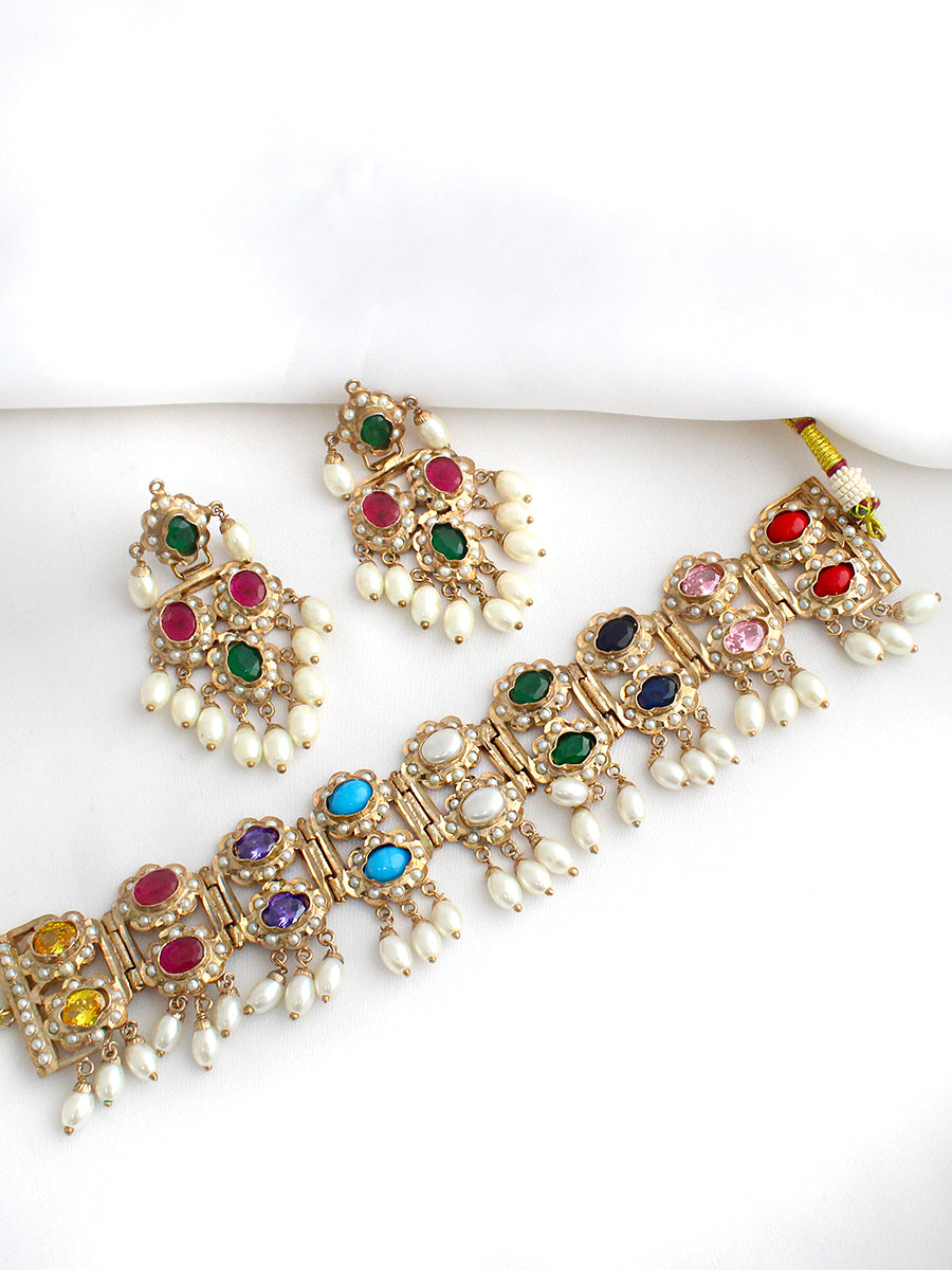 Mehru Jadau Choker Necklace Set-Multicolor