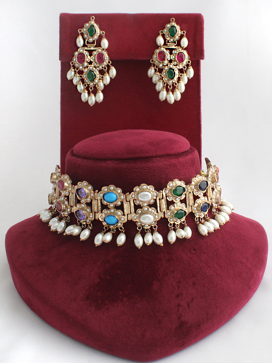 Mehru Jadau Choker Necklace Set-Multicolor
