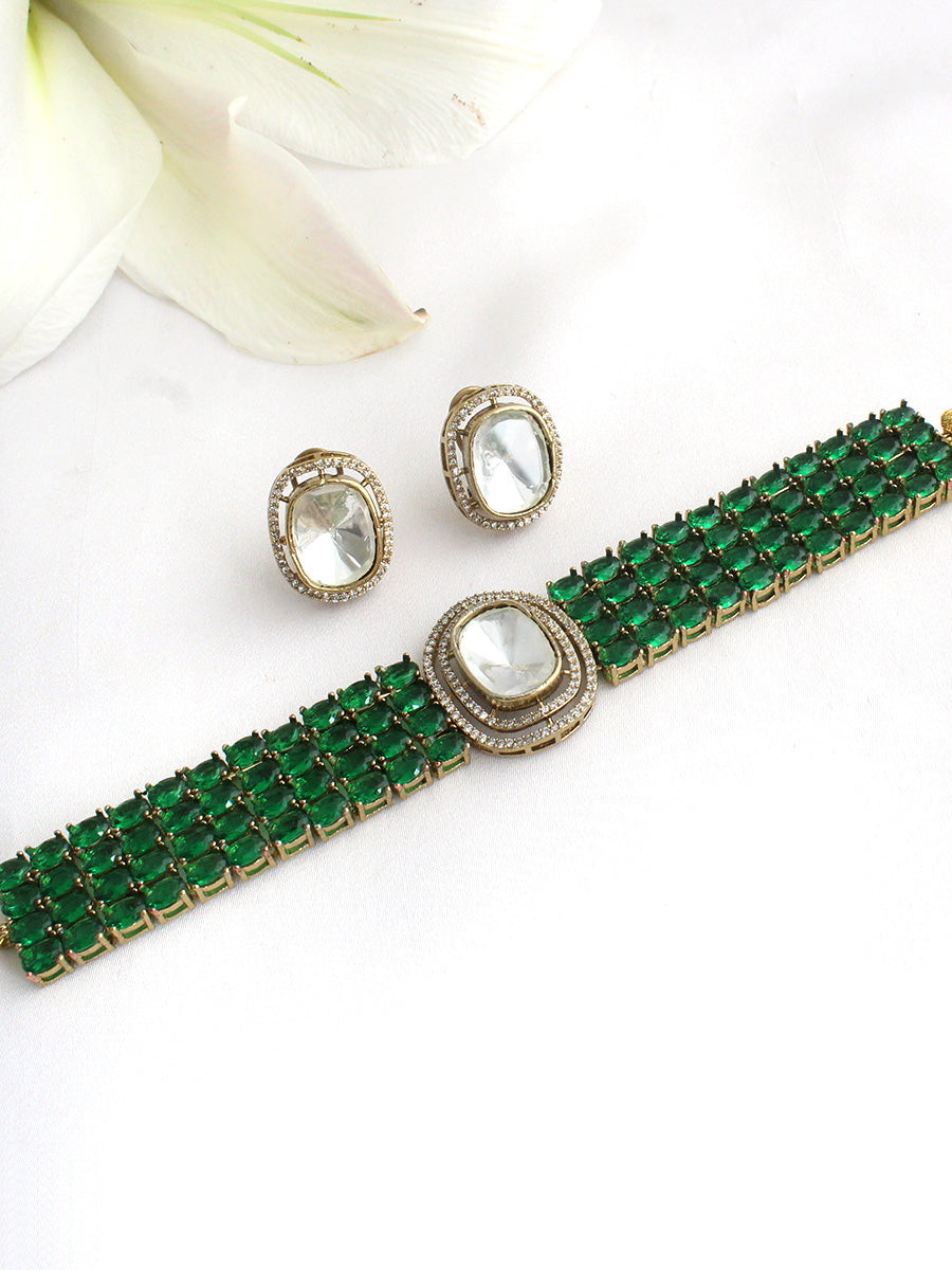 Ishanvi Choker Necklace Set-Green