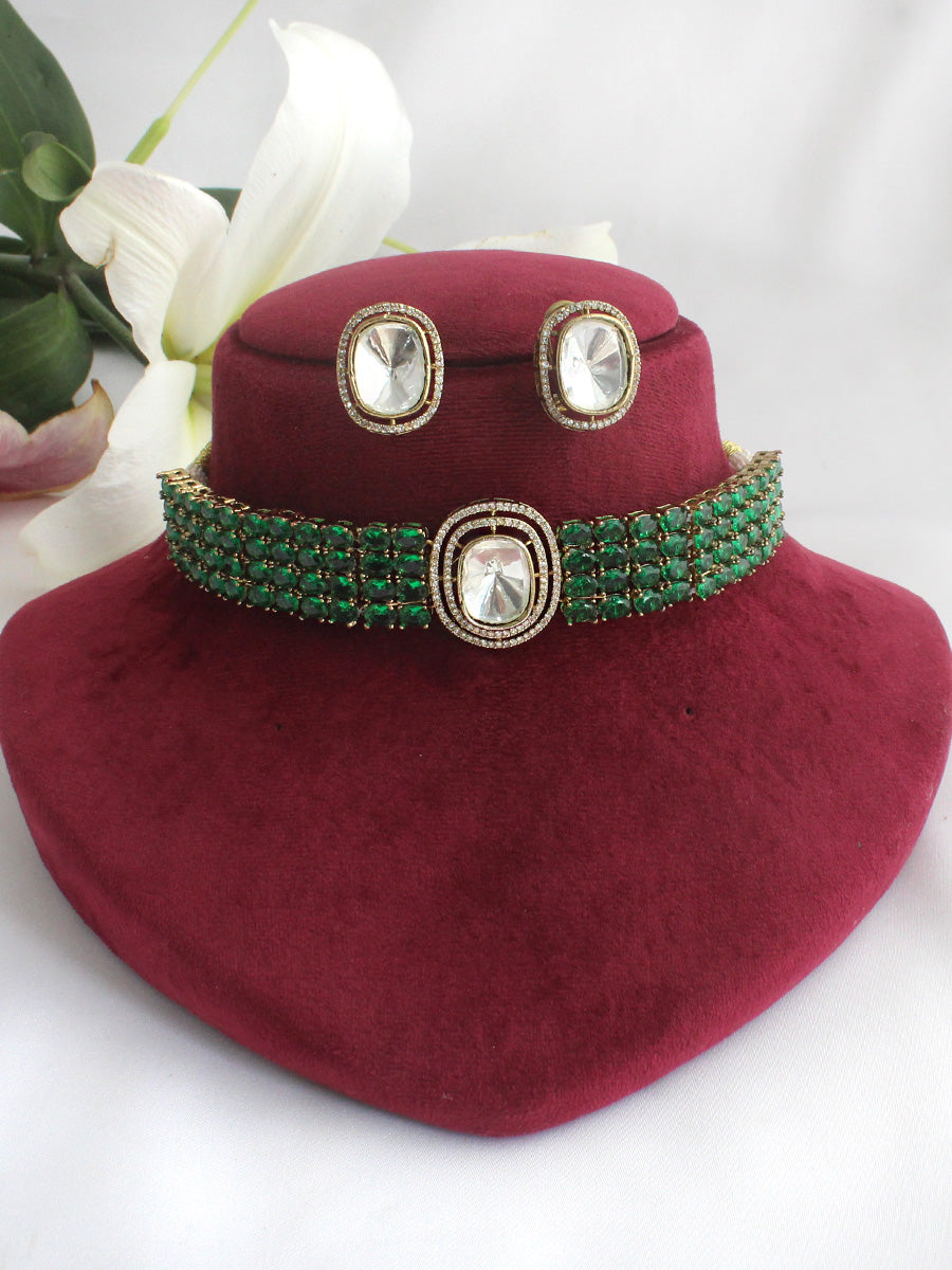 Ishanvi Choker Necklace Set-Green